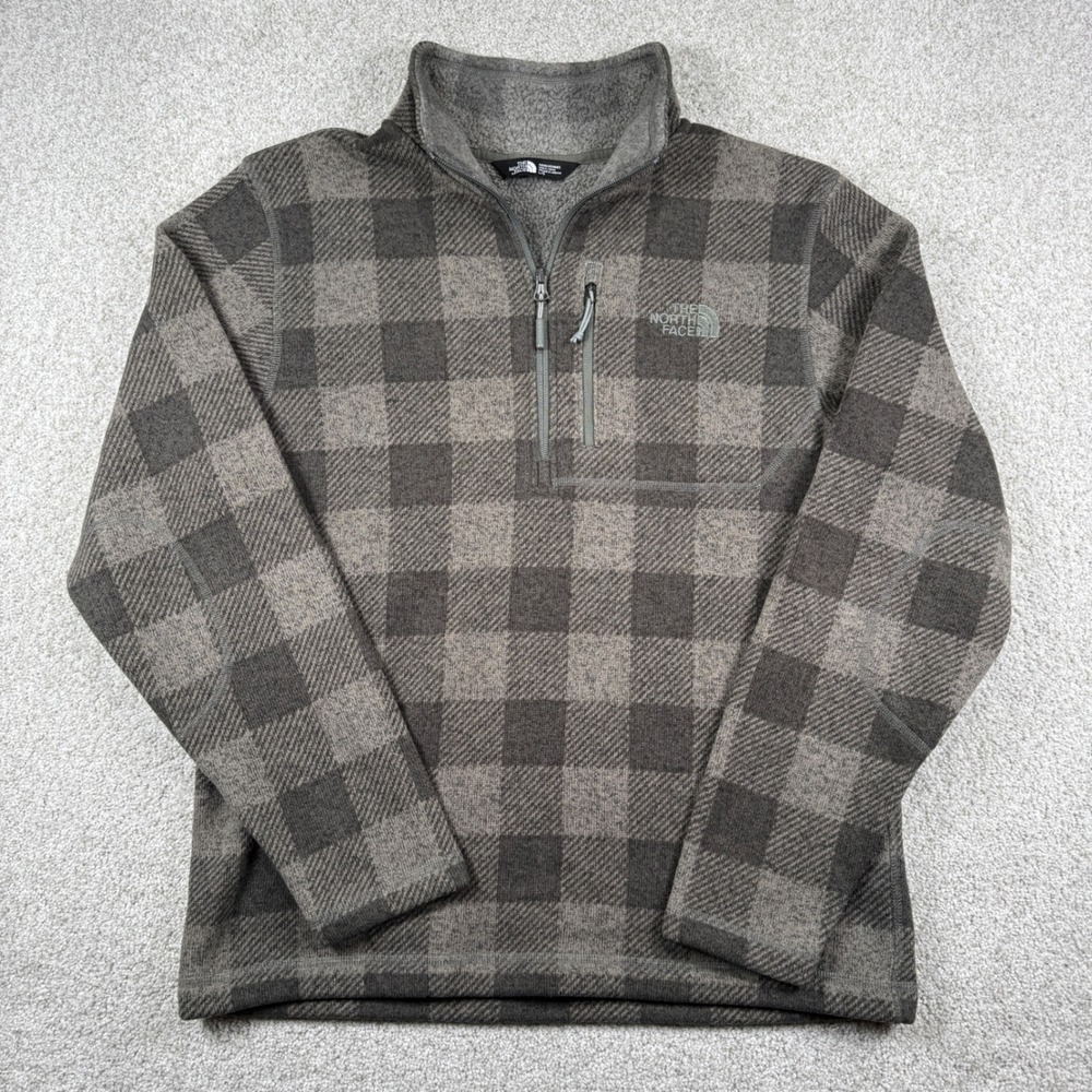 The North Face Fleece Pullover Mens L Grey Plaid 1/4 Zip Mock Neck